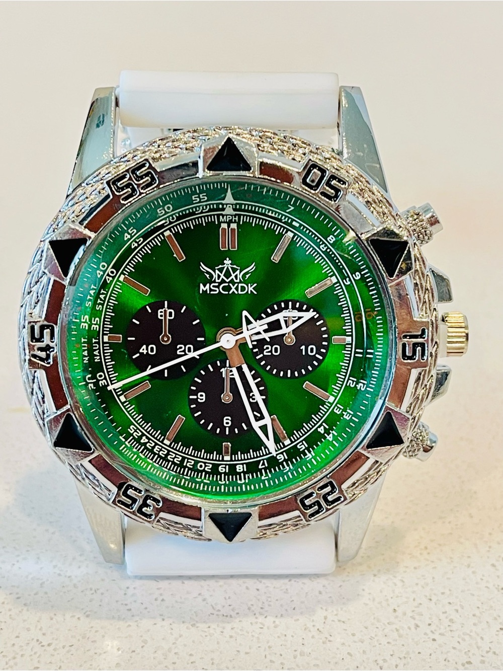 Geneva Green Dial Chronograph Watch with White Strap